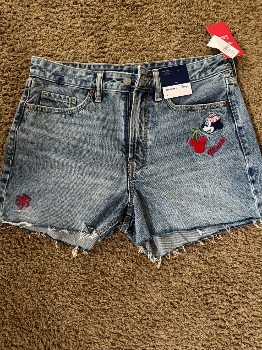 Old Navy Light Blue Denim Minnie Mouse Cherry Embroidered Shorts
